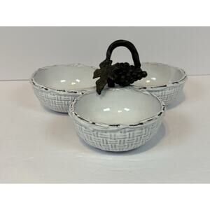 Mud Pie Triple Section Ceramic Basket Weave Serving Bowl with Grape Handle